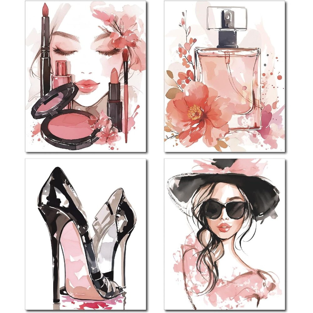 Beauty Makeup Women - 4Pcs Pink Makeup Wall Art Prints